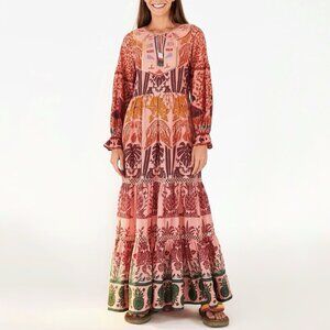 Farm Rio Pink Anika Floral Macaw Bird Long Sleeve Maxi Dress Women’s Size Large